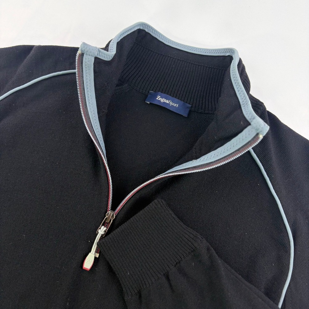 Zegna Sport Wool Quarter Zip Sweater Mens‎ Medium Black Grey Piping Pullover